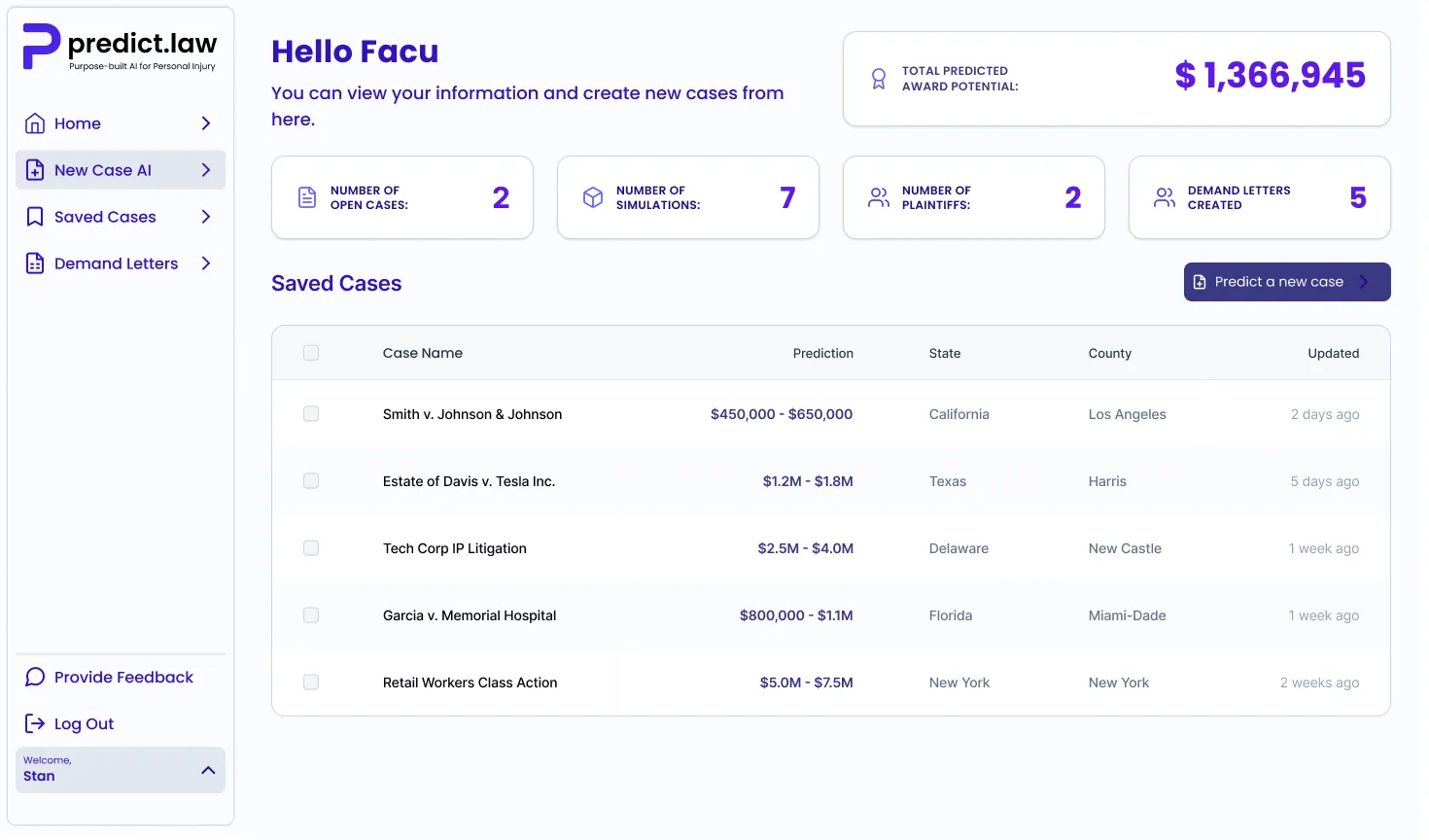 Predict.Law workflow configuration screen