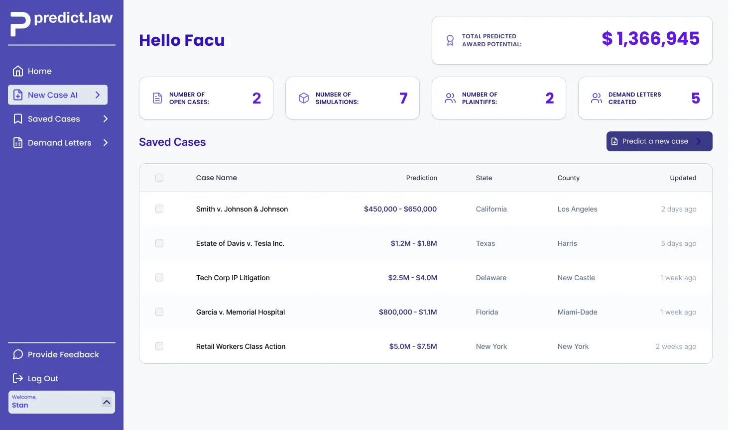 Predict.Law proposal workflow interface